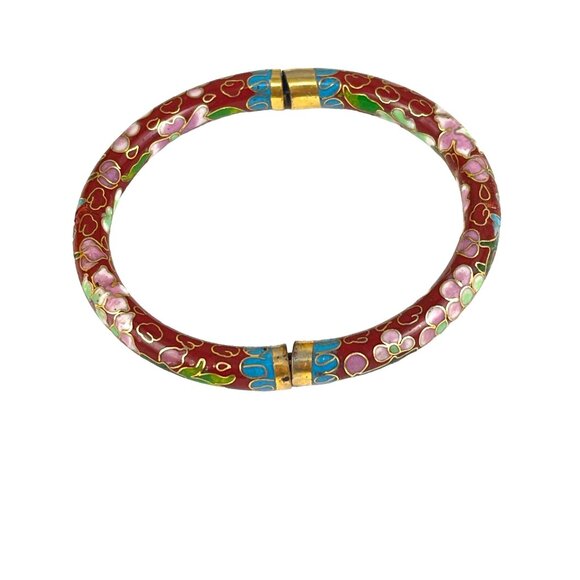 Chinese Export Vintage Cloisonné Red Floral Bracelet With Gold-Tone Accents - Picture 1 of 6